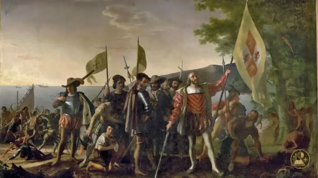 Pintura del desembarco de Colón en 1492, símbolo del Día de la Raza