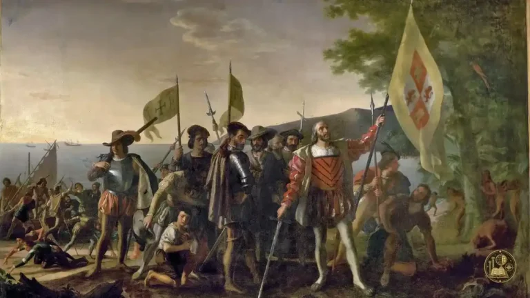 Pintura del desembarco de Colón en 1492, símbolo del Día de la Raza